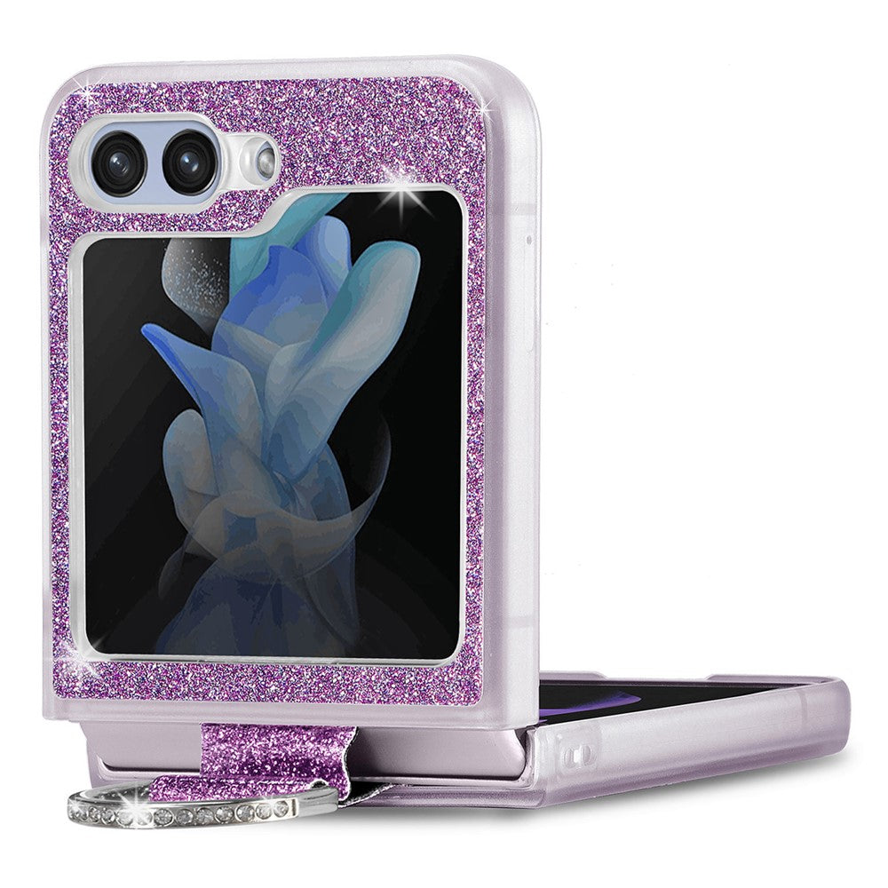 For Samsung Galaxy Z Flip7 FE 5G / Z Flip6 5G Case Leather+PC Glitter Phone Cover Rhinestone Ring Holder - Purple