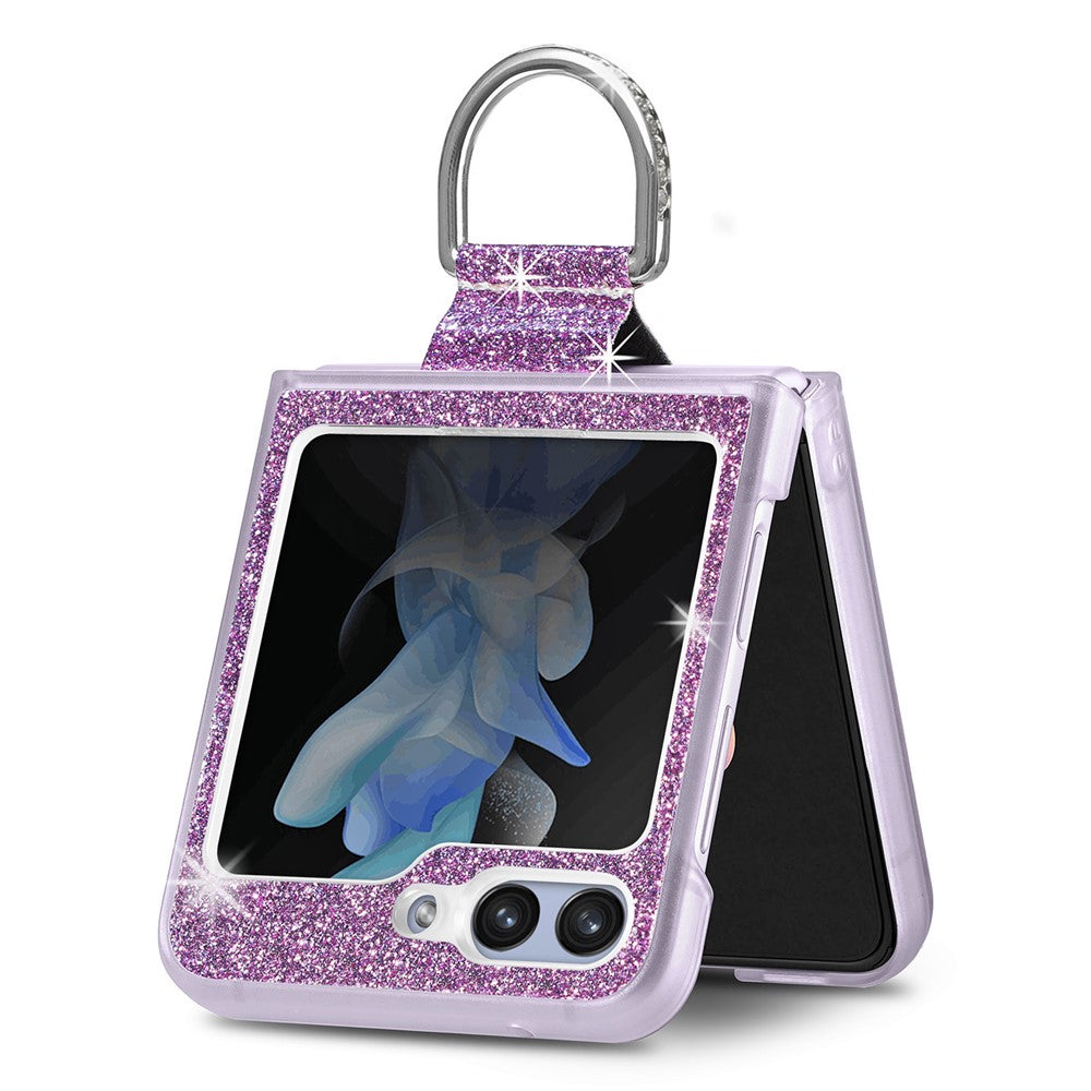 For Samsung Galaxy Z Flip7 FE 5G / Z Flip6 5G Case Leather+PC Glitter Phone Cover Rhinestone Ring Holder - Purple