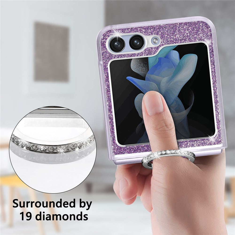 For Samsung Galaxy Z Flip7 FE 5G / Z Flip6 5G Case Leather+PC Glitter Phone Cover Rhinestone Ring Holder - Purple