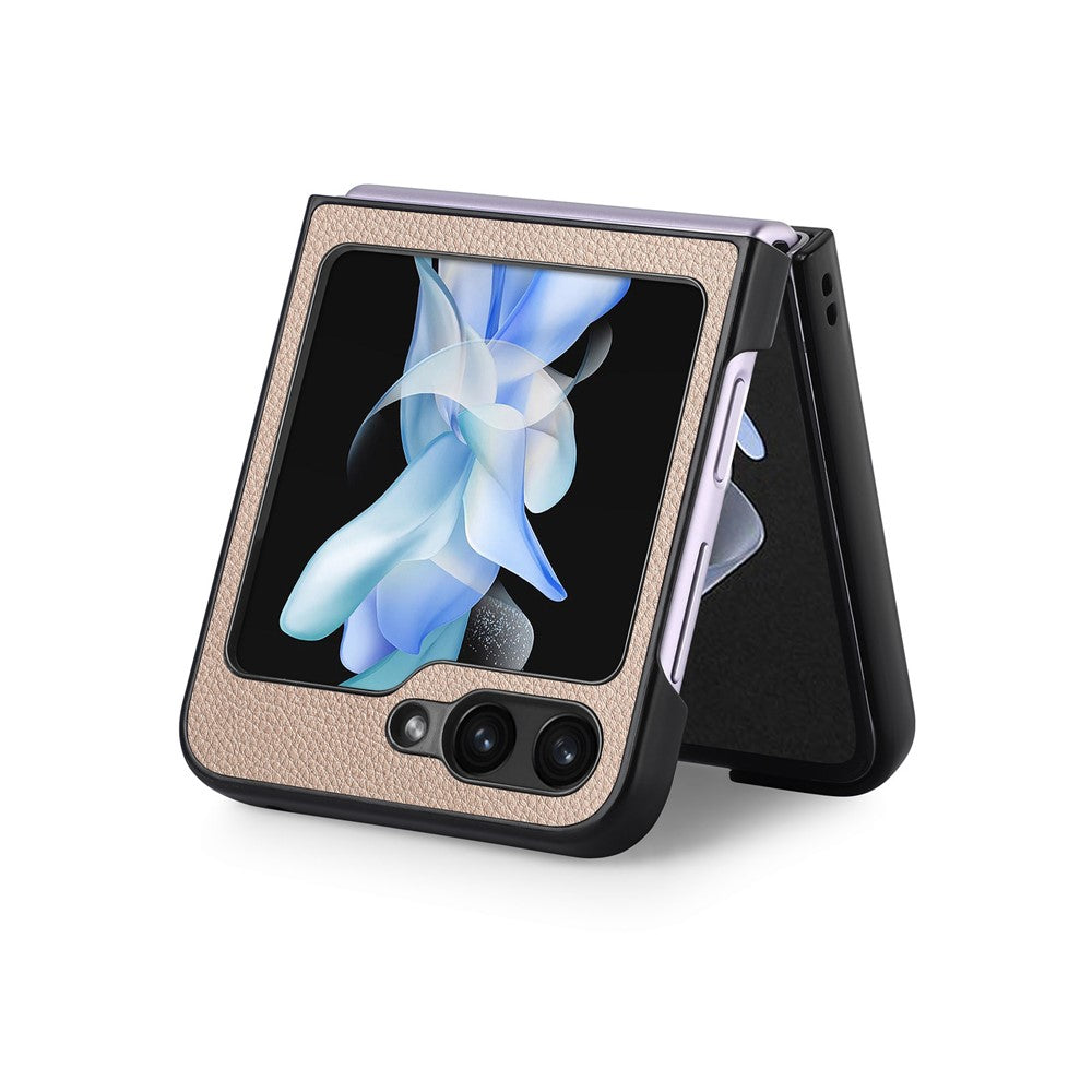 For Samsung Galaxy Z Flip7 FE 5G / Z Flip6 5G Case Litchi Texture PU Leather+PC Phone Cover - Khaki