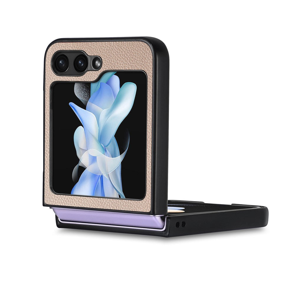 For Samsung Galaxy Z Flip7 FE 5G / Z Flip6 5G Case Litchi Texture PU Leather+PC Phone Cover - Khaki