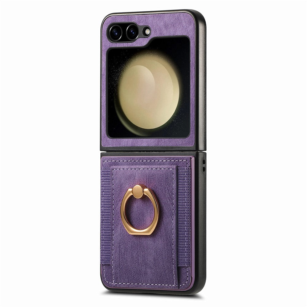 D2 For Samsung Galaxy Z Flip7 FE 5G / Z Flip6 5G Case Card Slot Leather+PC Retro Phone Cover Ring Holder Kickstand - Purple