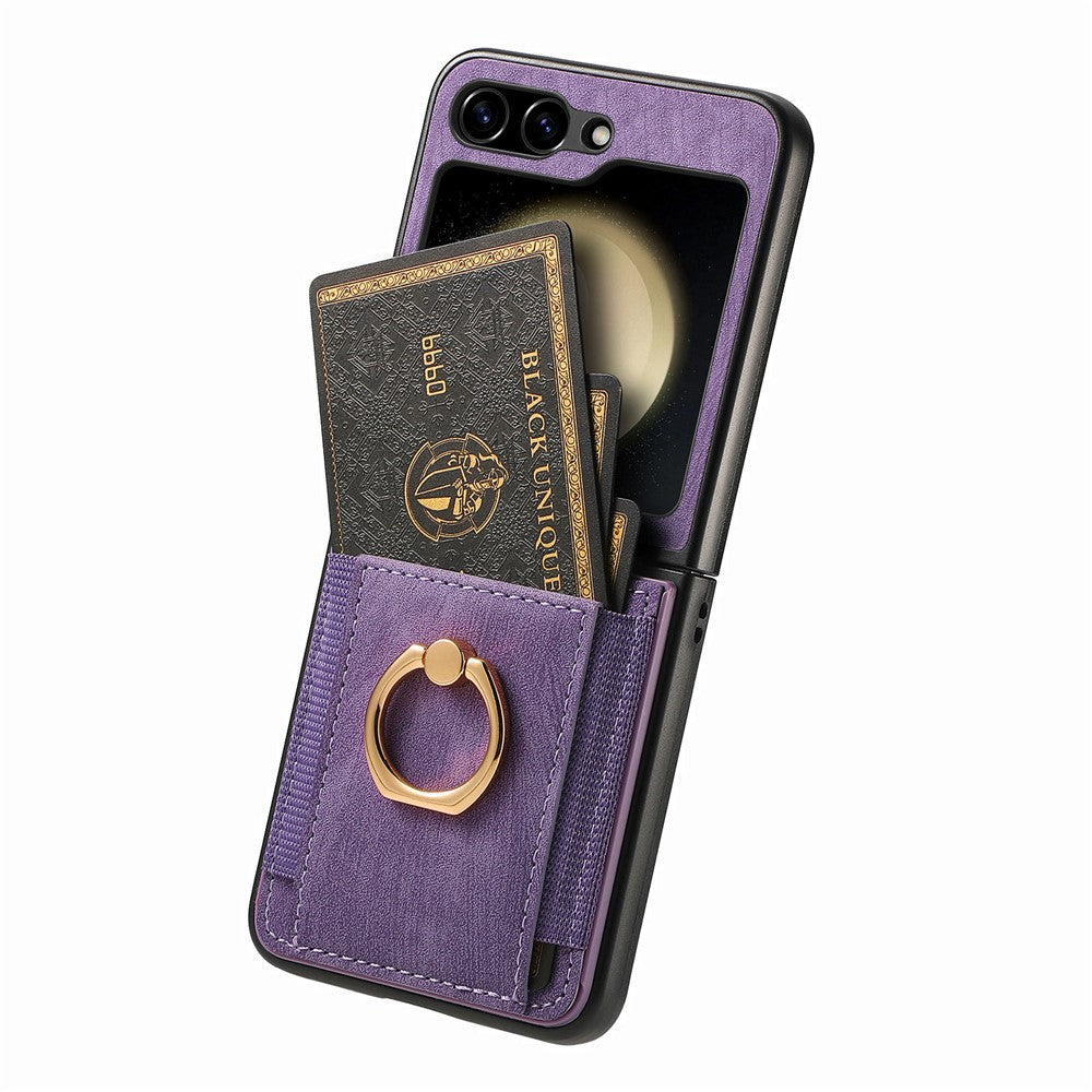 D2 For Samsung Galaxy Z Flip7 FE 5G / Z Flip6 5G Case Card Slot Leather+PC Retro Phone Cover Ring Holder Kickstand - Purple