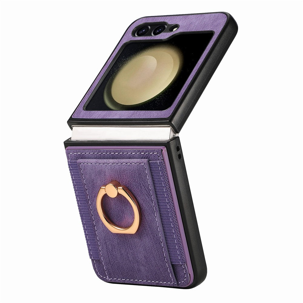 D2 For Samsung Galaxy Z Flip7 FE 5G / Z Flip6 5G Case Card Slot Leather+PC Retro Phone Cover Ring Holder Kickstand - Purple
