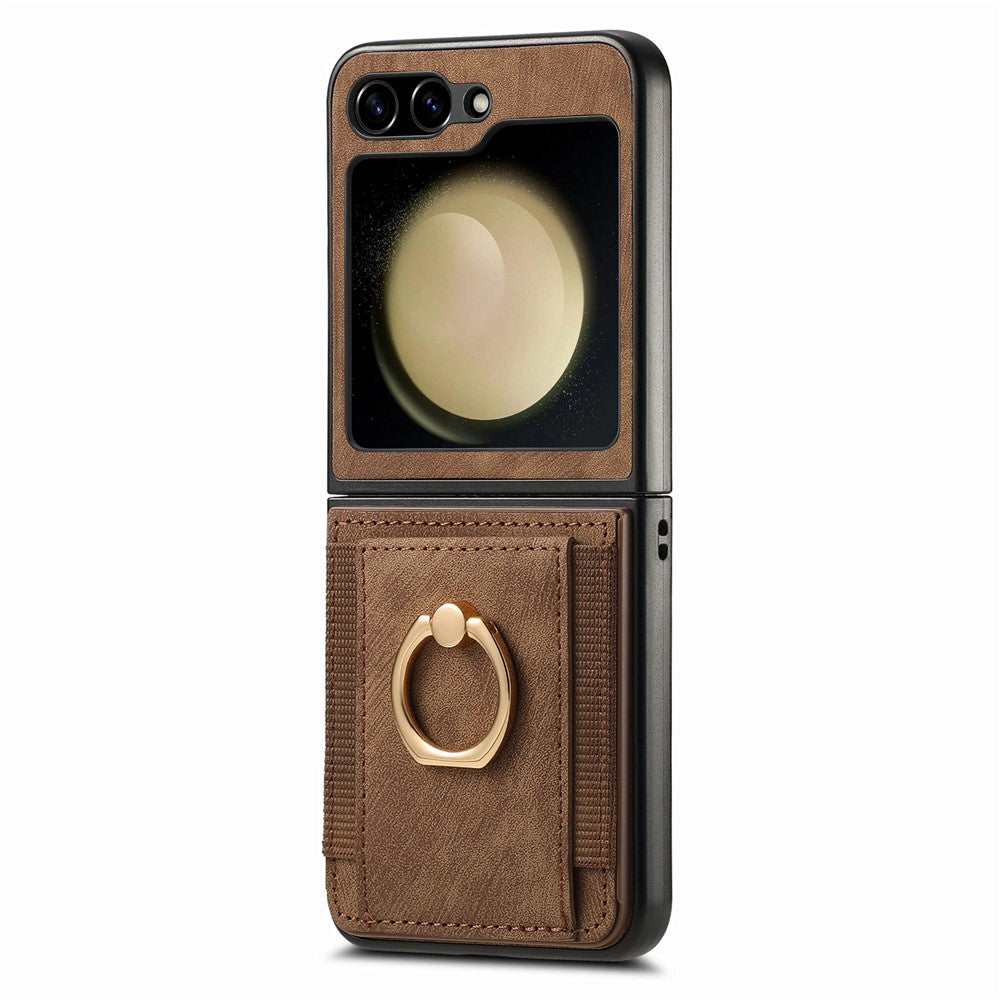 D2 For Samsung Galaxy Z Flip7 FE 5G / Z Flip6 5G Case Card Slot Leather+PC Retro Phone Cover Ring Holder Kickstand - Brown