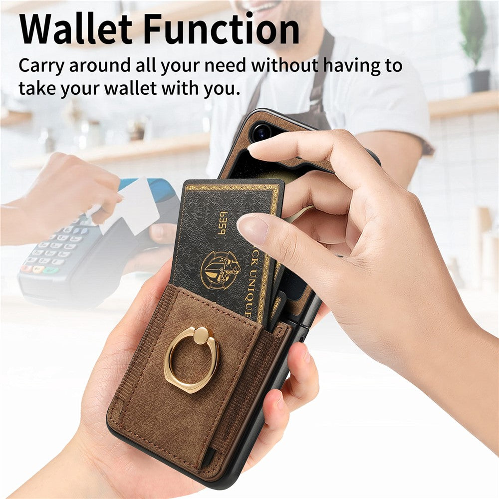 D2 For Samsung Galaxy Z Flip7 FE 5G / Z Flip6 5G Case Card Slot Leather+PC Retro Phone Cover Ring Holder Kickstand - Brown