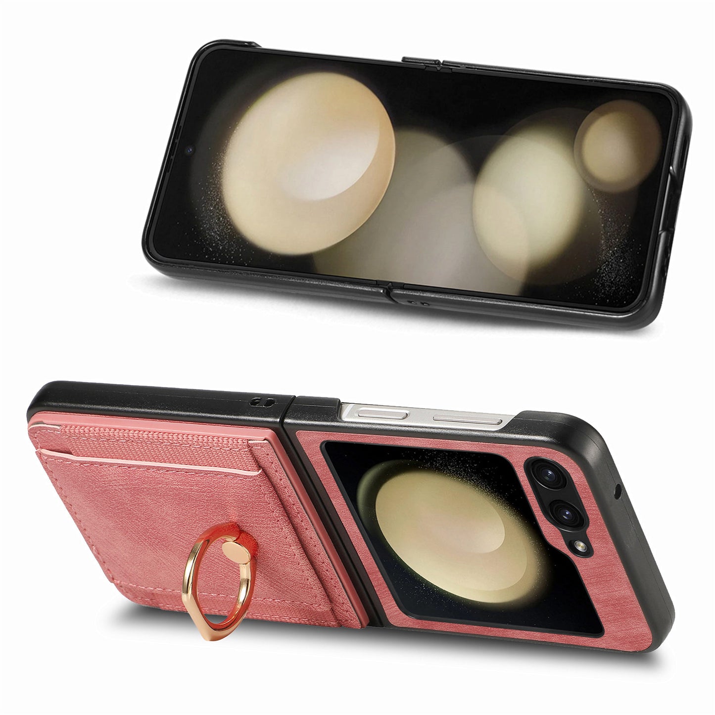 D2 For Samsung Galaxy Z Flip6 5G Case Card Slot Leather+PC Retro Phone Cover Ring Holder Kickstand - Pink