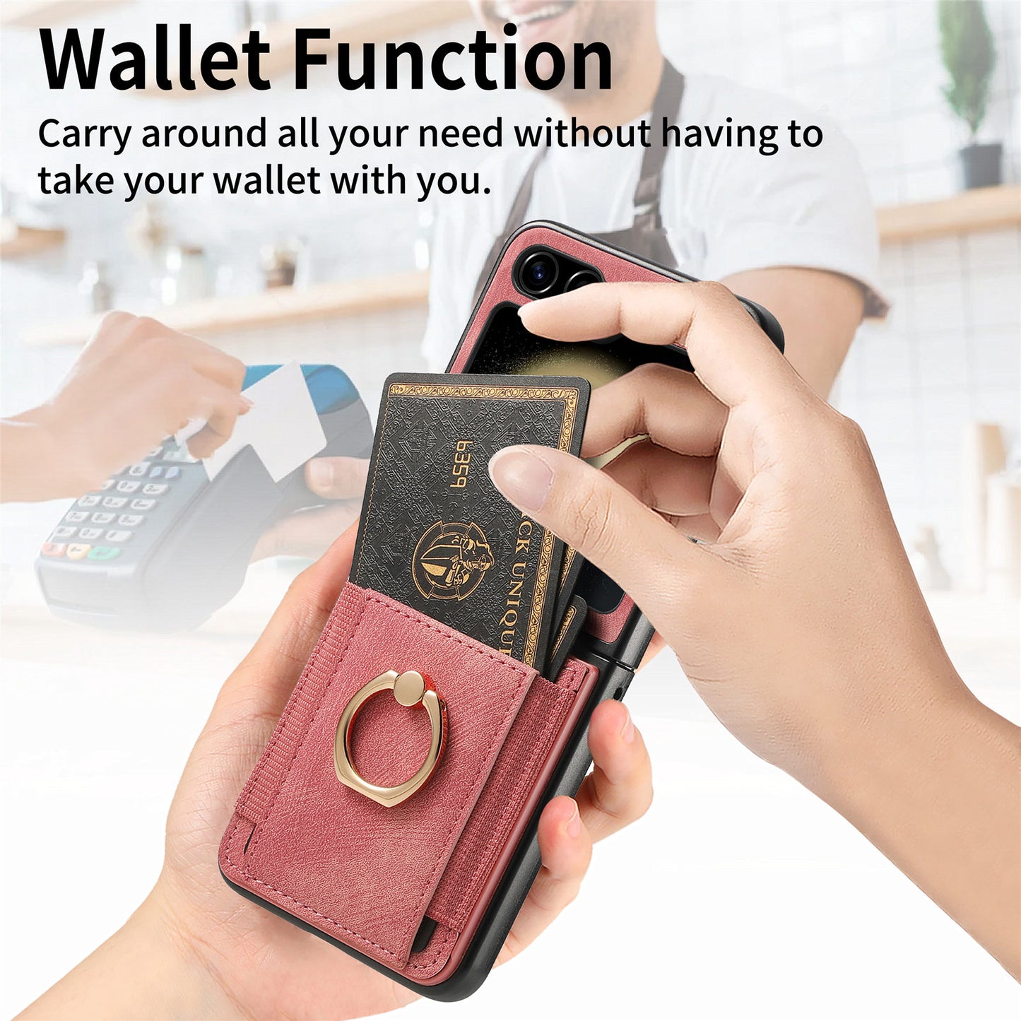 D2 For Samsung Galaxy Z Flip6 5G Case Card Slot Leather+PC Retro Phone Cover Ring Holder Kickstand - Pink