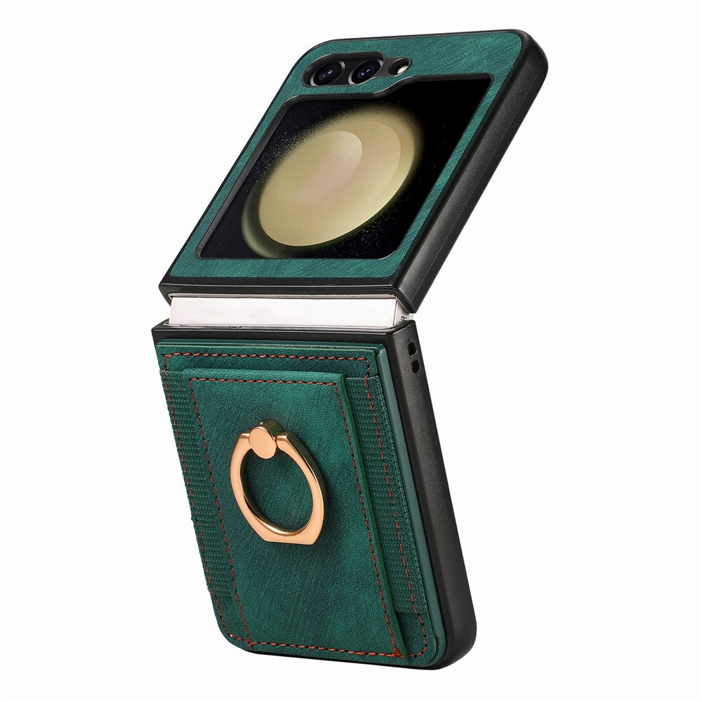 D2 For Samsung Galaxy Z Flip7 FE 5G / Z Flip6 5G Case Card Slot Leather+PC Retro Phone Cover Ring Holder Kickstand - Green