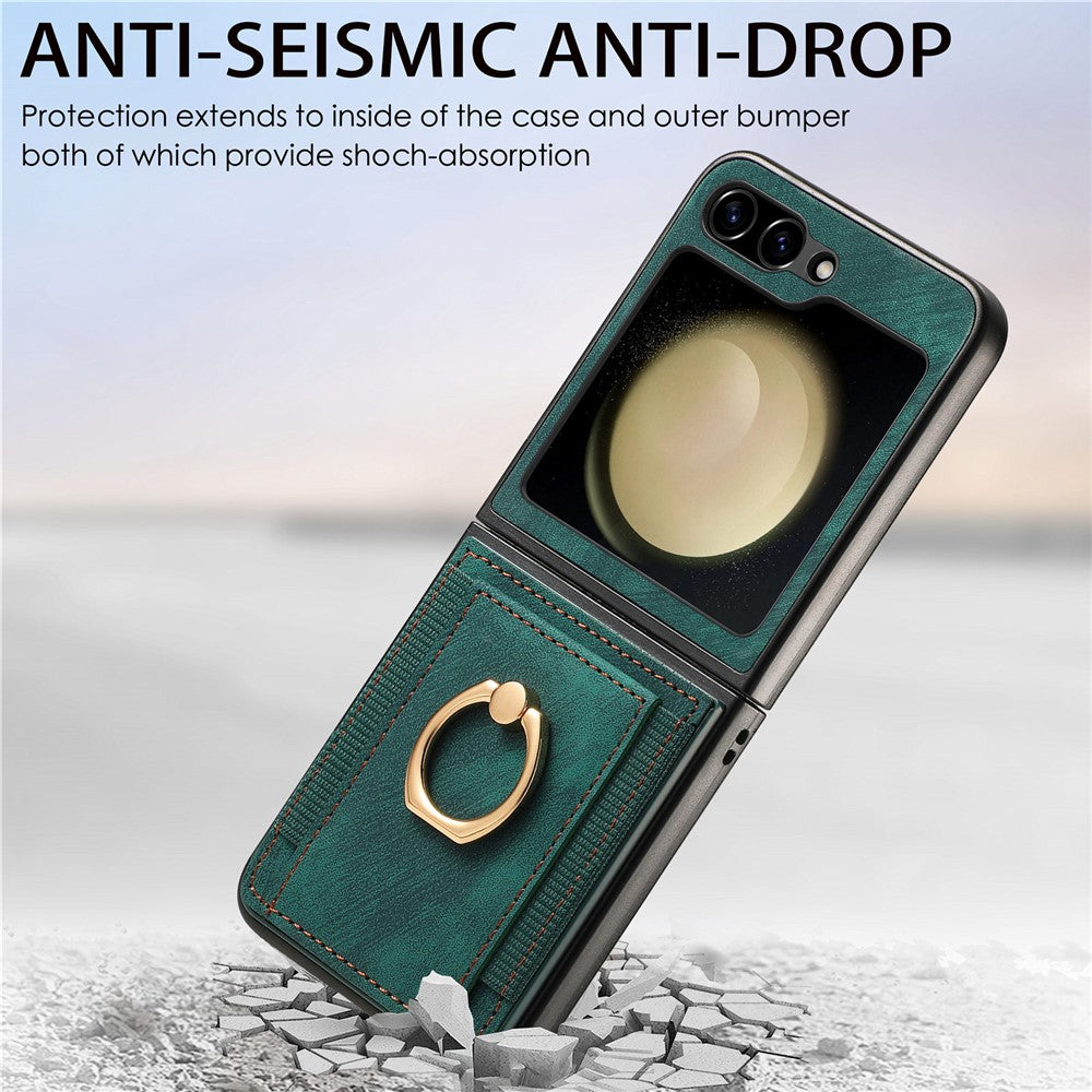 D2 For Samsung Galaxy Z Flip7 FE 5G / Z Flip6 5G Case Card Slot Leather+PC Retro Phone Cover Ring Holder Kickstand - Green