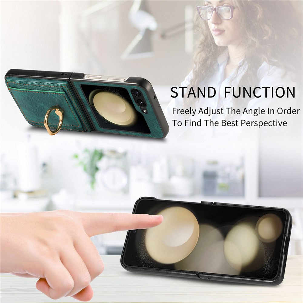 D2 For Samsung Galaxy Z Flip7 FE 5G / Z Flip6 5G Case Card Slot Leather+PC Retro Phone Cover Ring Holder Kickstand - Green