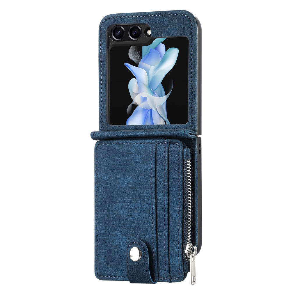 For Samsung Galaxy Z Flip7 FE 5G / Z Flip6 5G Case Kickstand Retro Leather Phone Cover Zipper Card Holder - Blue