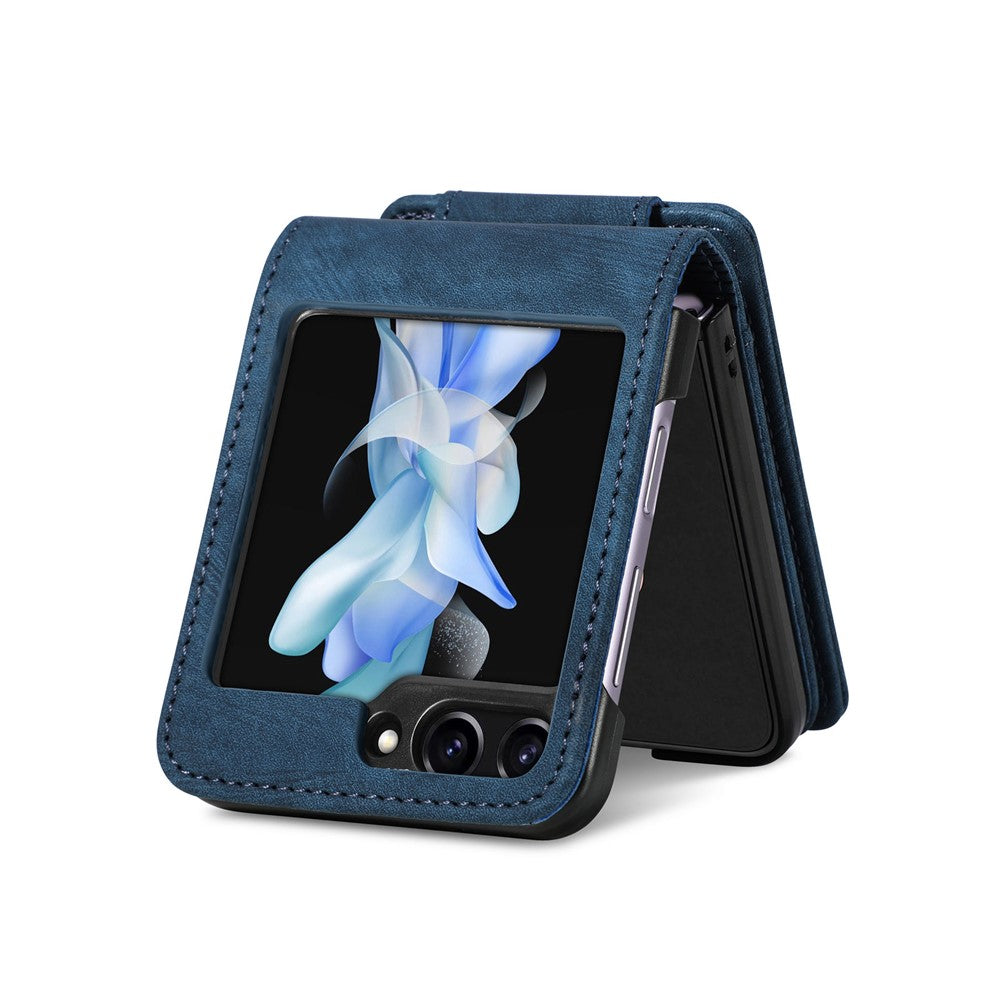 For Samsung Galaxy Z Flip7 FE 5G / Z Flip6 5G Case Kickstand Retro Leather Phone Cover Zipper Card Holder - Blue