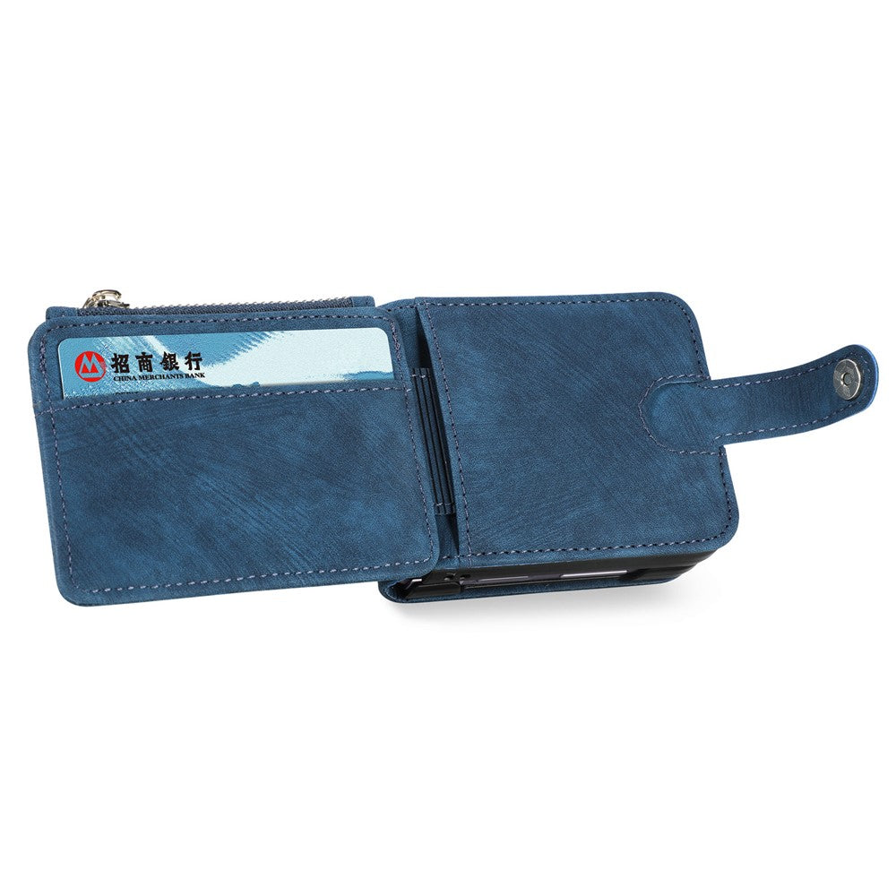 For Samsung Galaxy Z Flip7 FE 5G / Z Flip6 5G Case Kickstand Retro Leather Phone Cover Zipper Card Holder - Blue