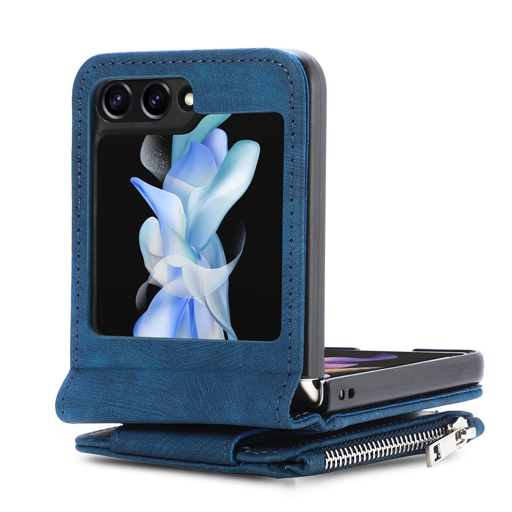 For Samsung Galaxy Z Flip7 FE 5G / Z Flip6 5G Case Kickstand Retro Leather Phone Cover Zipper Card Holder - Blue