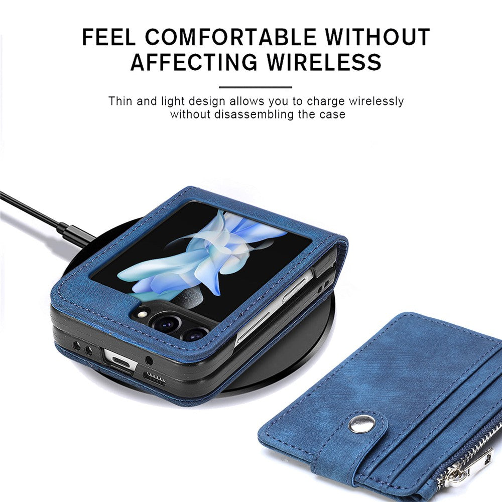 For Samsung Galaxy Z Flip7 FE 5G / Z Flip6 5G Case Kickstand Retro Leather Phone Cover Zipper Card Holder - Blue