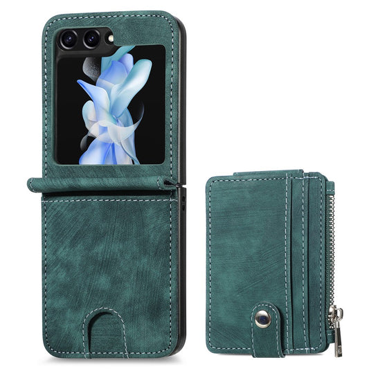 For Samsung Galaxy Z Flip7 FE 5G / Z Flip6 5G Case Kickstand Retro Leather Phone Cover Zipper Card Holder - Green