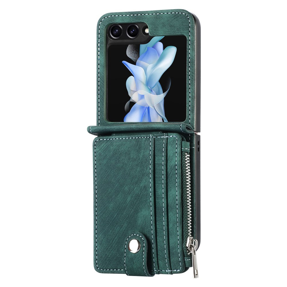 For Samsung Galaxy Z Flip7 FE 5G / Z Flip6 5G Case Kickstand Retro Leather Phone Cover Zipper Card Holder - Green