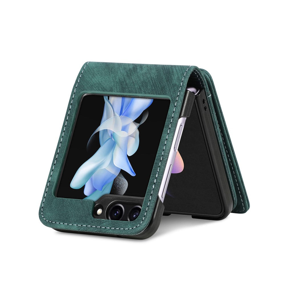 For Samsung Galaxy Z Flip7 FE 5G / Z Flip6 5G Case Kickstand Retro Leather Phone Cover Zipper Card Holder - Green