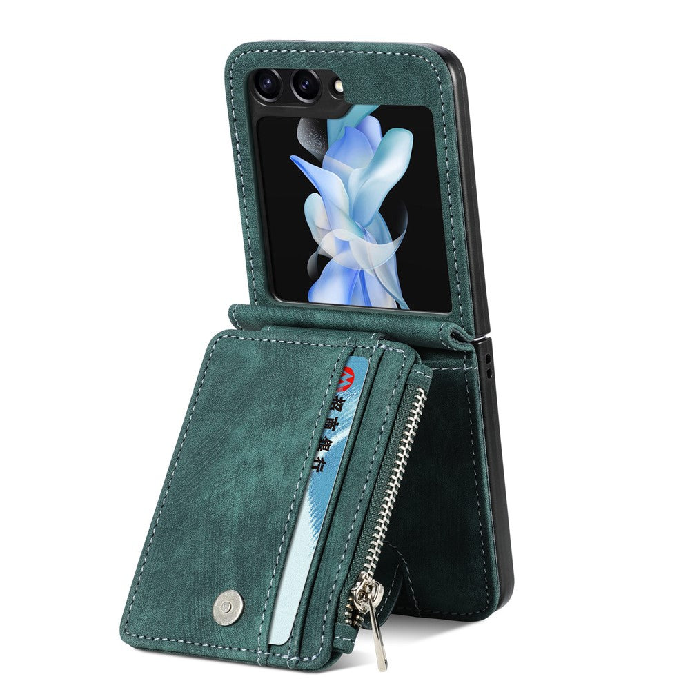 For Samsung Galaxy Z Flip7 FE 5G / Z Flip6 5G Case Kickstand Retro Leather Phone Cover Zipper Card Holder - Green