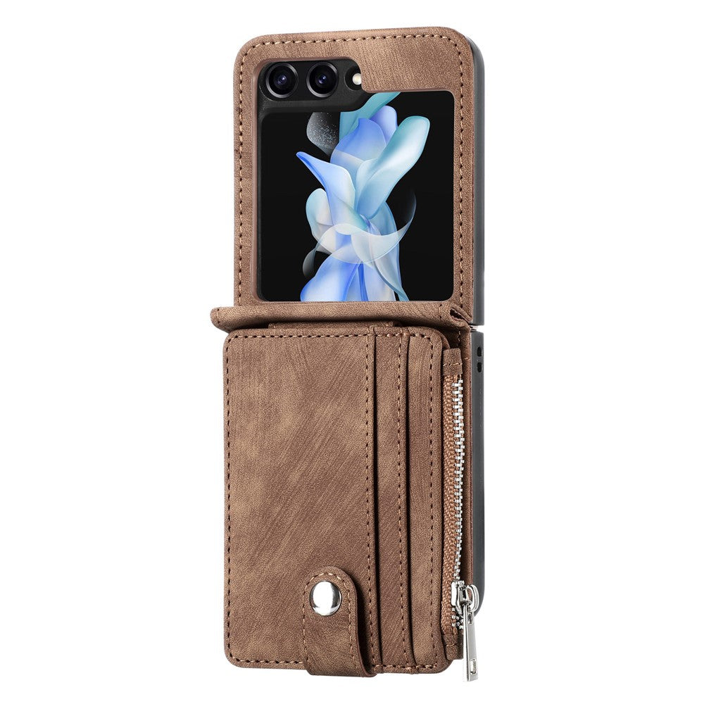 For Samsung Galaxy Z Flip7 FE 5G / Z Flip6 5G Case Kickstand Retro Leather Phone Cover Zipper Card Holder - Brown