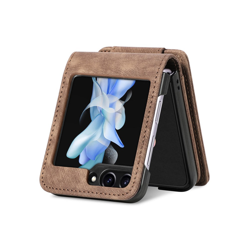 For Samsung Galaxy Z Flip7 FE 5G / Z Flip6 5G Case Kickstand Retro Leather Phone Cover Zipper Card Holder - Brown