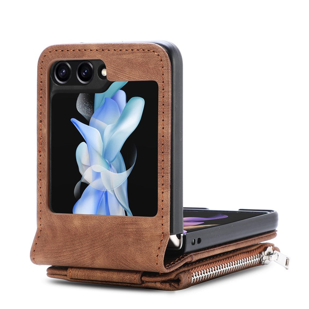 For Samsung Galaxy Z Flip7 FE 5G / Z Flip6 5G Case Kickstand Retro Leather Phone Cover Zipper Card Holder - Brown