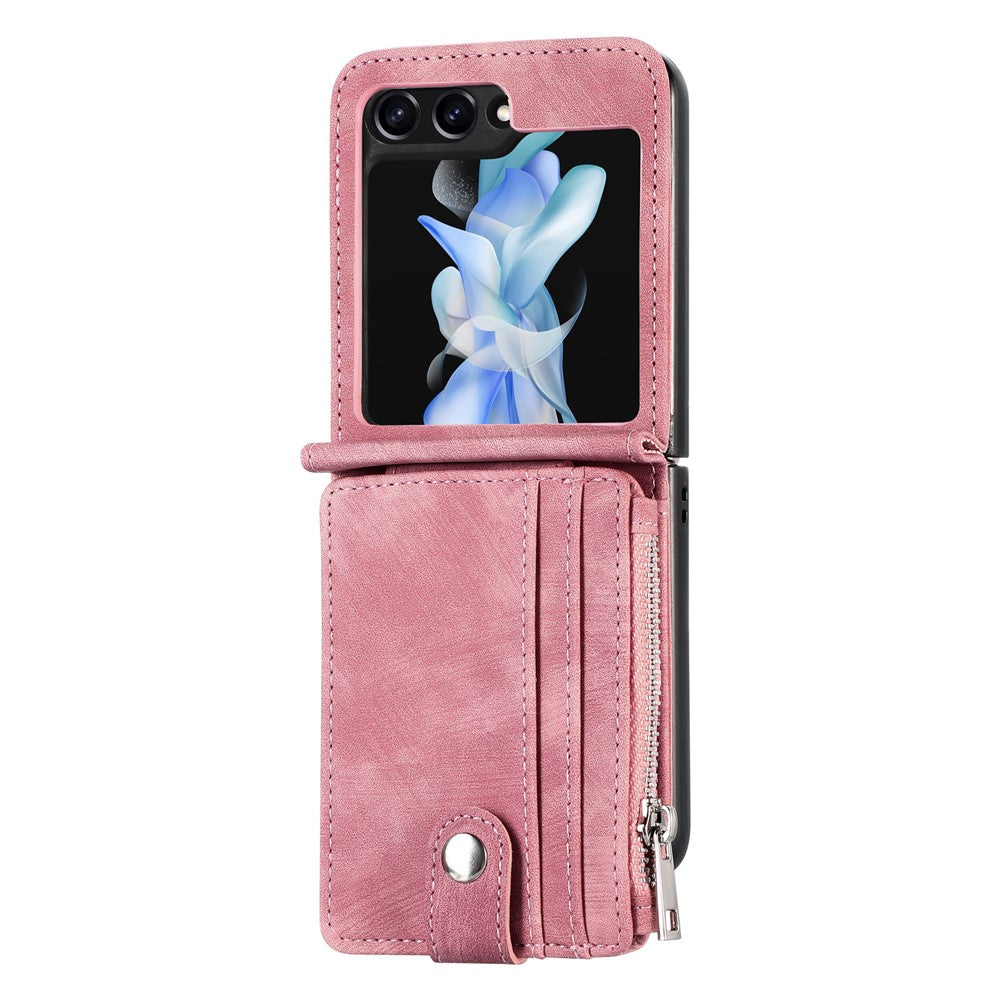 For Samsung Galaxy Z Flip7 FE 5G / Z Flip6 5G Case Kickstand Retro Leather Phone Cover Zipper Card Holder - Pink