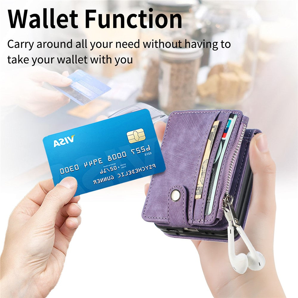 For Samsung Galaxy Z Flip7 FE 5G / Z Flip6 5G Case Kickstand Retro Leather Phone Cover Zipper Card Holder - Purple