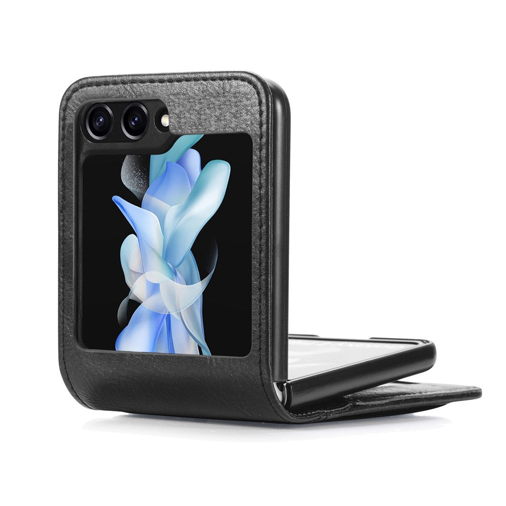 For Samsung Galaxy Z Flip7 FE 5G / Z Flip6 5G Case Leather Phone Cover Card Slots Photo Frame Slot - Black