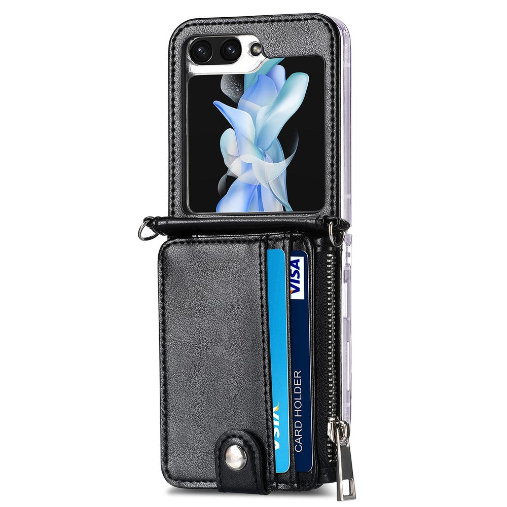 For Samsung Galaxy Z Flip7 FE 5G / Z Flip6 5G Case Zipper Card Holder Leather Phone Cover with Long Strap - Black