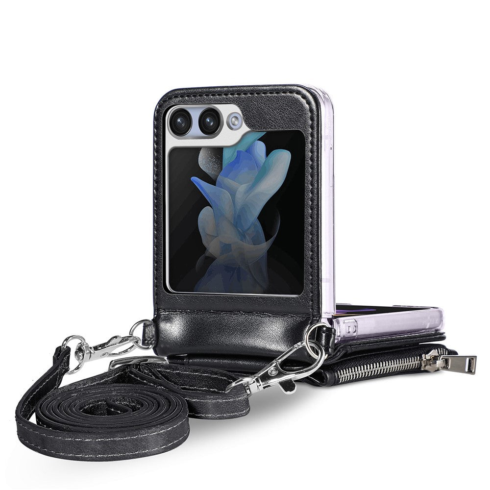 For Samsung Galaxy Z Flip7 FE 5G / Z Flip6 5G Case Zipper Card Holder Leather Phone Cover with Long Strap - Black