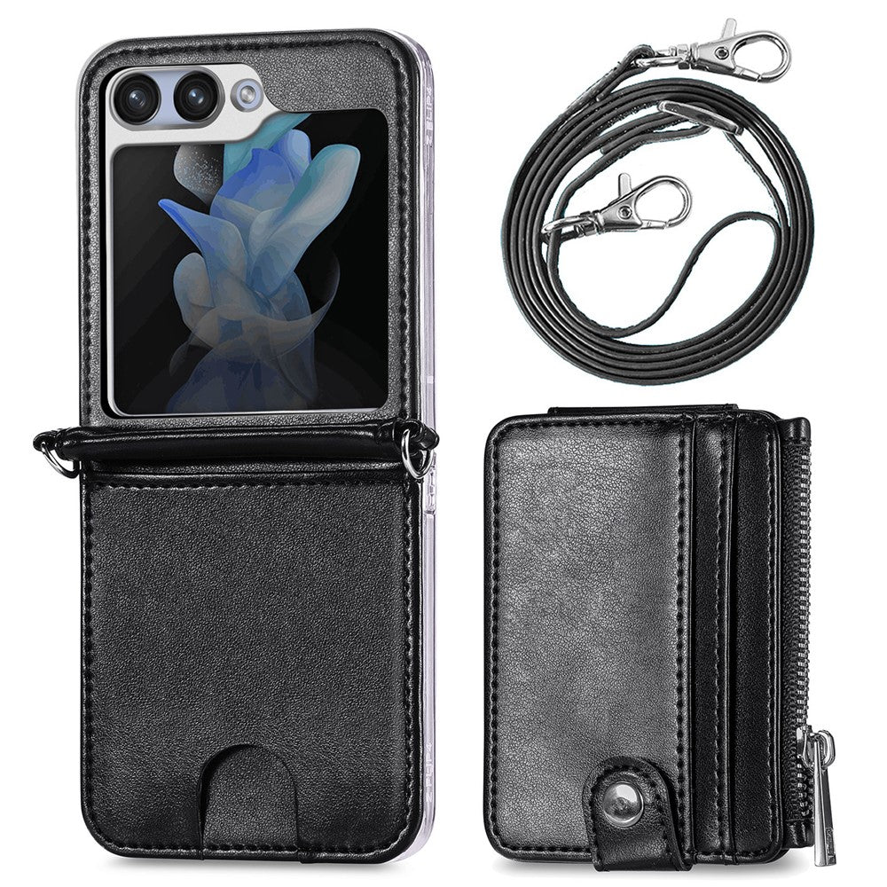 For Samsung Galaxy Z Flip7 FE 5G / Z Flip6 5G Case Zipper Card Holder Leather Phone Cover with Long Strap - Black