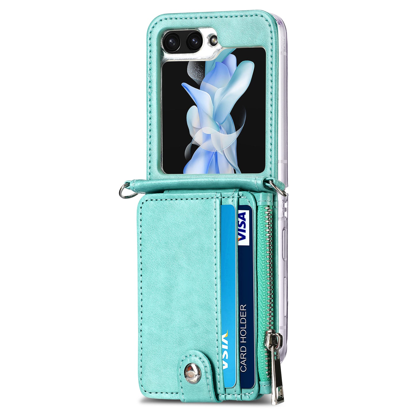 For Samsung Galaxy Z Flip6 5G Case Zipper Card Holder Leather Phone Cover with Long Strap - Green