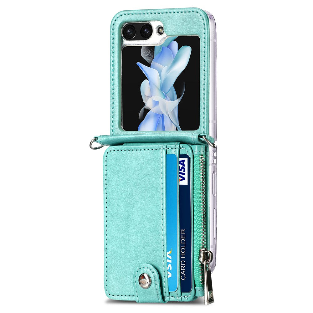 For Samsung Galaxy Z Flip7 FE 5G / Z Flip6 5G Case Zipper Card Holder Leather Phone Cover with Long Strap - Green
