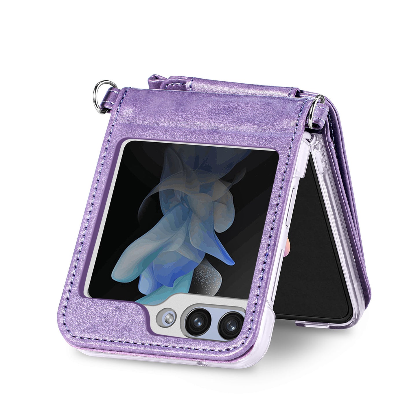 For Samsung Galaxy Z Flip6 5G Case Zipper Card Holder Leather Phone Cover with Long Strap - Purple