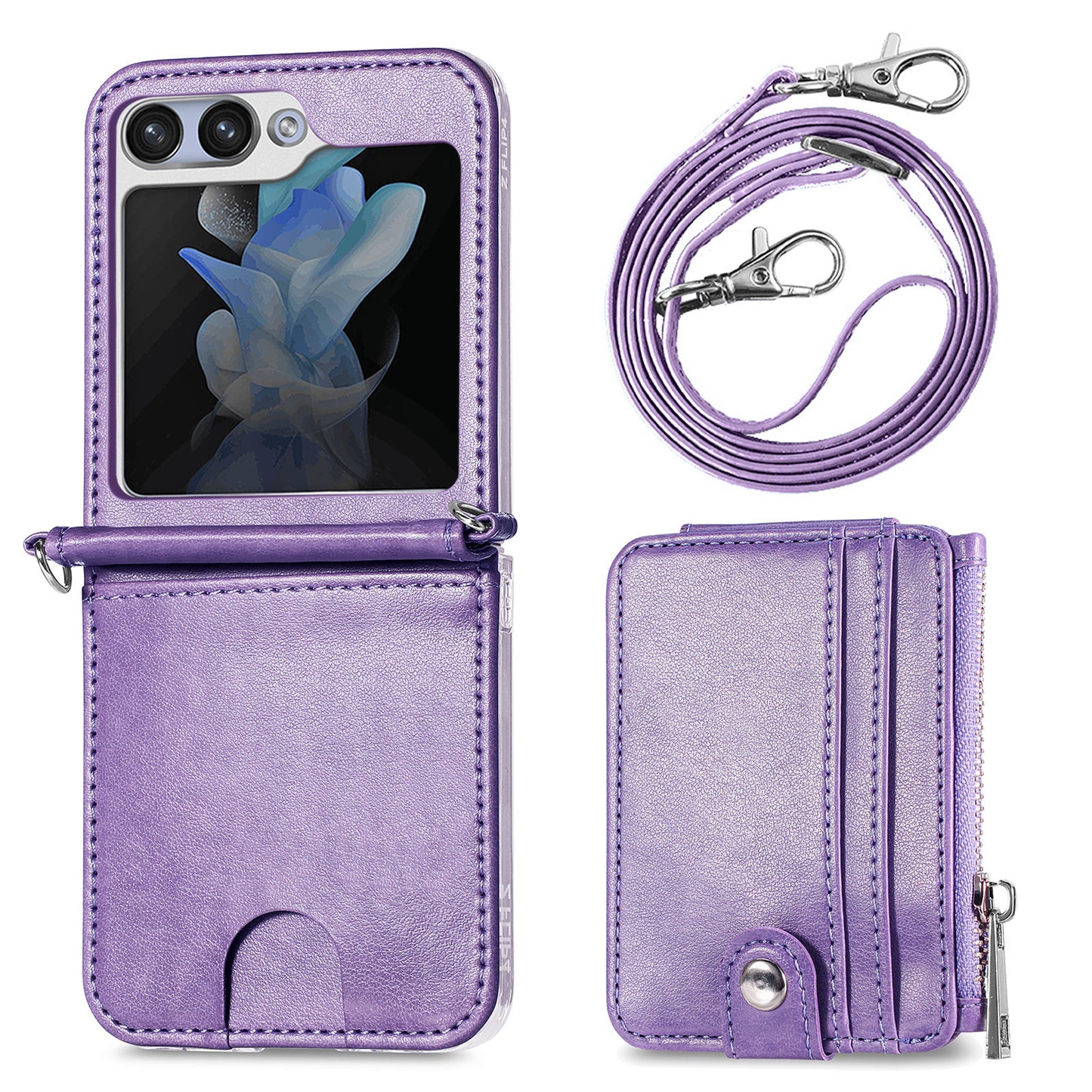 For Samsung Galaxy Z Flip6 5G Case Zipper Card Holder Leather Phone Cover with Long Strap - Purple