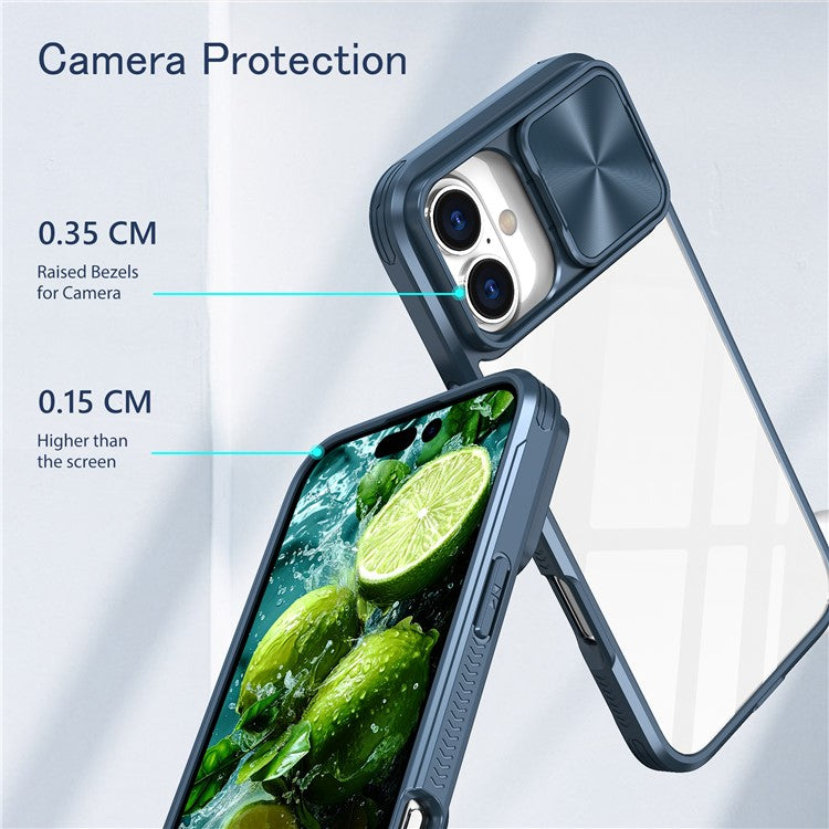 For iPhone 16 Case TPU+PC Clear Phone Cover with CD-Veins Camera Lens Sliding Lid - Navy Blue