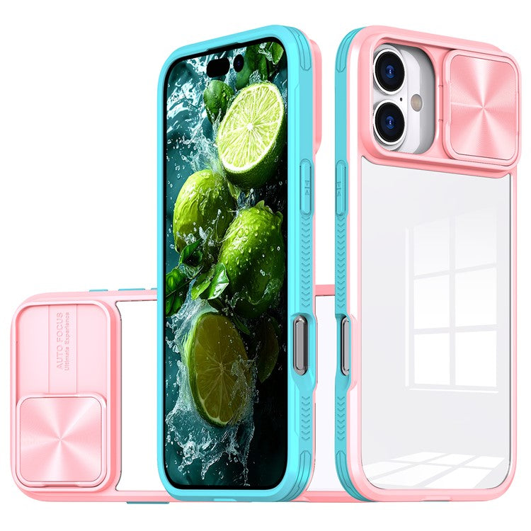 For iPhone 16 Case TPU+PC Clear Phone Cover with CD-Veins Camera Lens Sliding Lid - Pink / Cyan