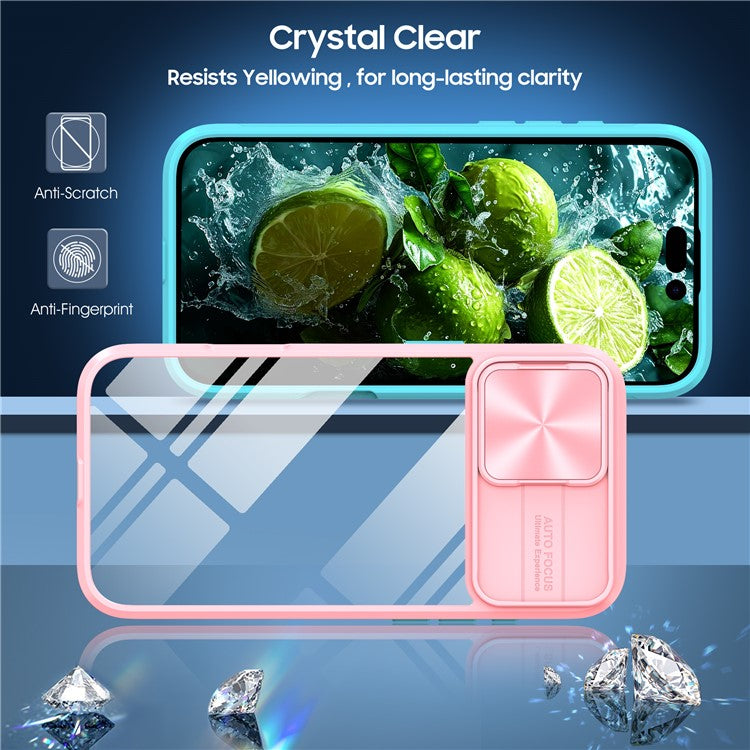 For iPhone 16 Case TPU+PC Clear Phone Cover with CD-Veins Camera Lens Sliding Lid - Pink / Cyan