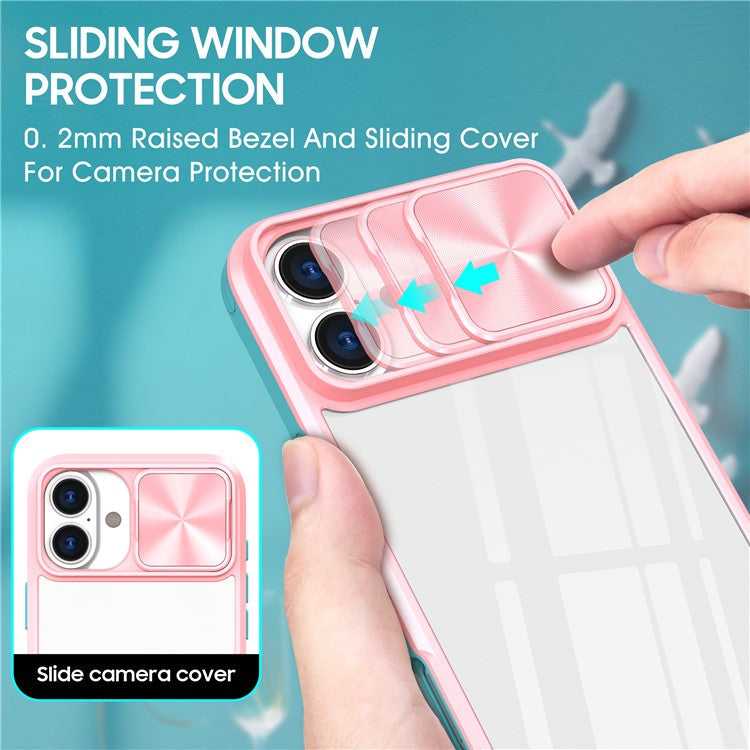 For iPhone 16 Case TPU+PC Clear Phone Cover with CD-Veins Camera Lens Sliding Lid - Pink / Cyan