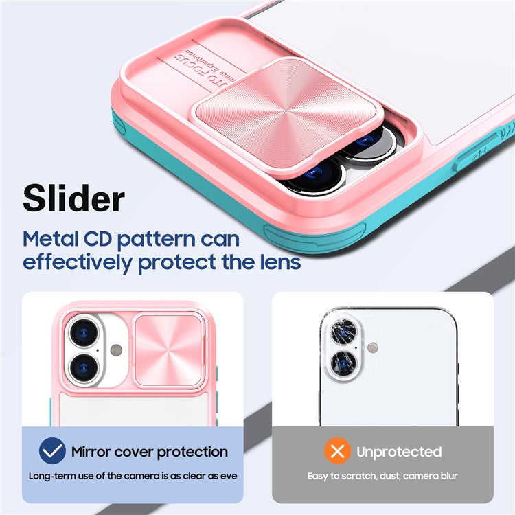 For iPhone 16 Case TPU+PC Clear Phone Cover with CD-Veins Camera Lens Sliding Lid - Pink / Cyan