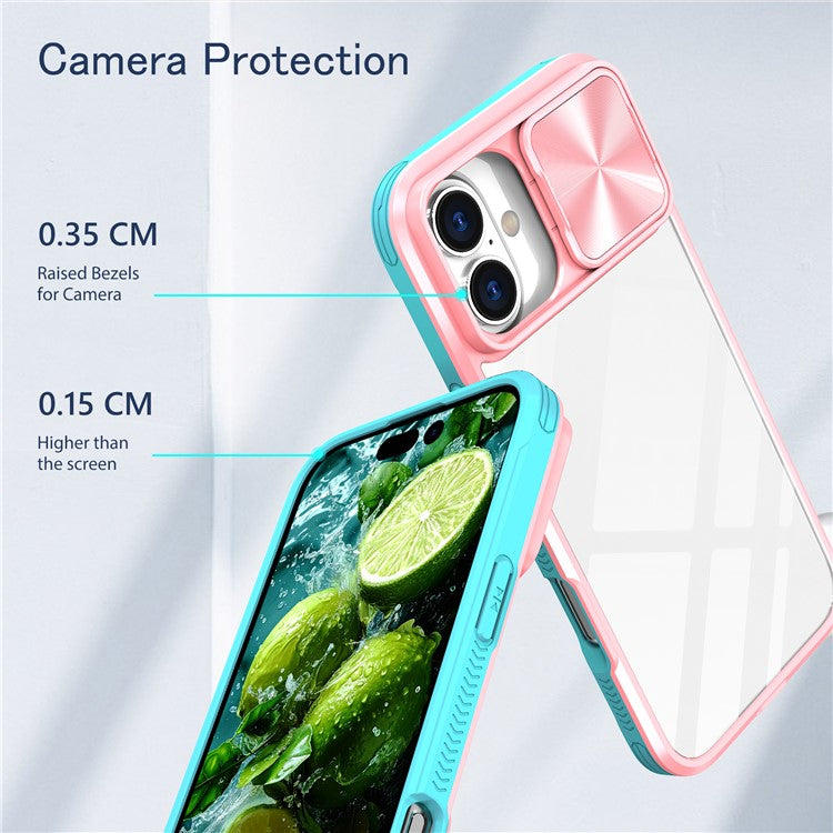 For iPhone 16 Case TPU+PC Clear Phone Cover with CD-Veins Camera Lens Sliding Lid - Pink / Cyan