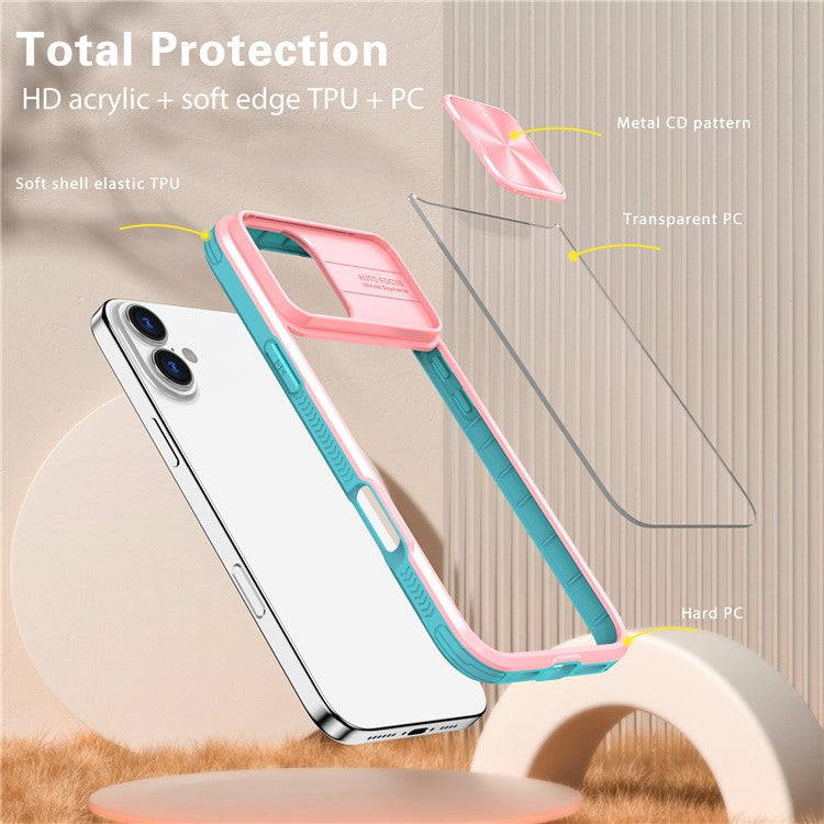 For iPhone 16 Case TPU+PC Clear Phone Cover with CD-Veins Camera Lens Sliding Lid - Pink / Cyan