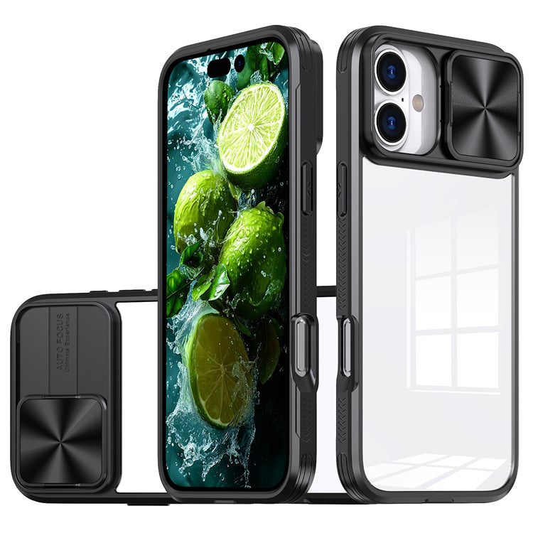 For iPhone 16 Plus Clear Case CD-Veins Camera Lens Sliding Lid TPU+PC Phone Cover - Black