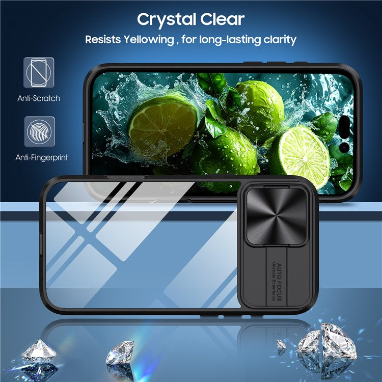 For iPhone 16 Plus Clear Case CD-Veins Camera Lens Sliding Lid TPU+PC Phone Cover - Black