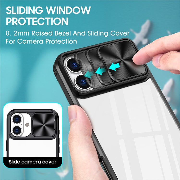 For iPhone 16 Plus Clear Case CD-Veins Camera Lens Sliding Lid TPU+PC Phone Cover - Black