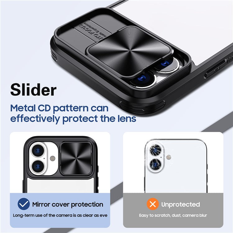 For iPhone 16 Plus Clear Case CD-Veins Camera Lens Sliding Lid TPU+PC Phone Cover - Black