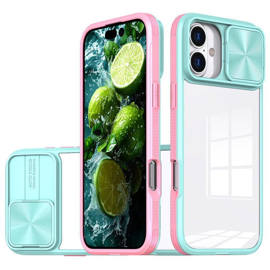 For iPhone 16 Plus Clear Case CD-Veins Camera Lens Sliding Lid TPU+PC Phone Cover - Blue / Pink