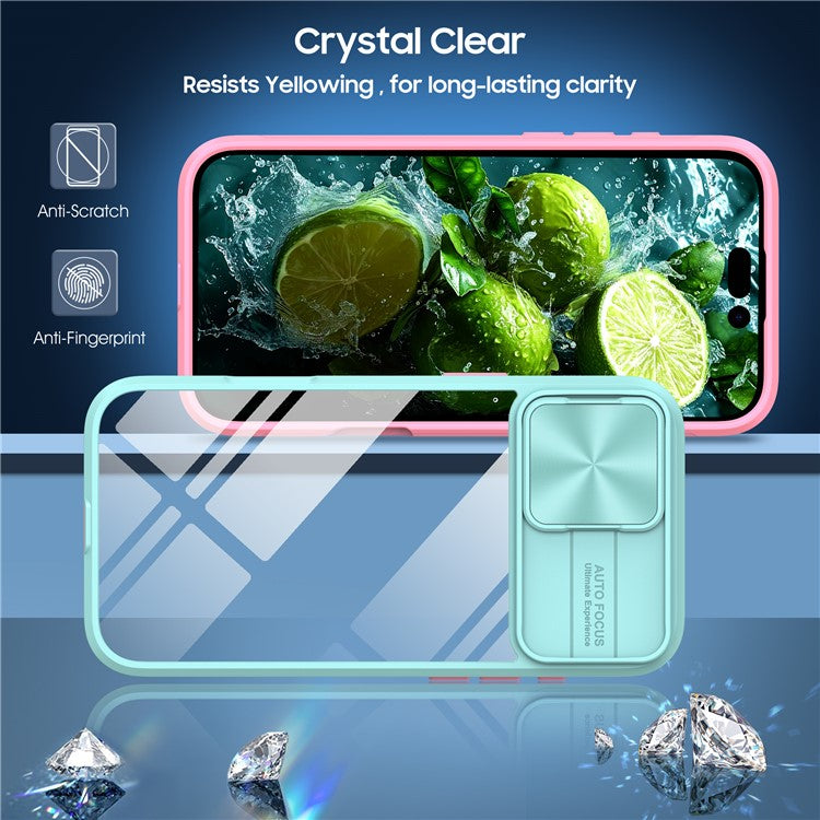 For iPhone 16 Plus Clear Case CD-Veins Camera Lens Sliding Lid TPU+PC Phone Cover - Blue / Pink